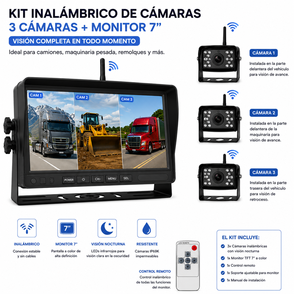 Kit 3 Cámaras Wifi Puntos Ciegos