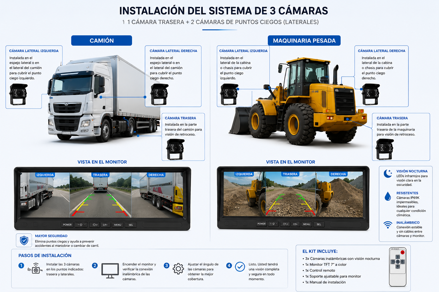 Kit 3 Cámaras Wifi Puntos Ciegos